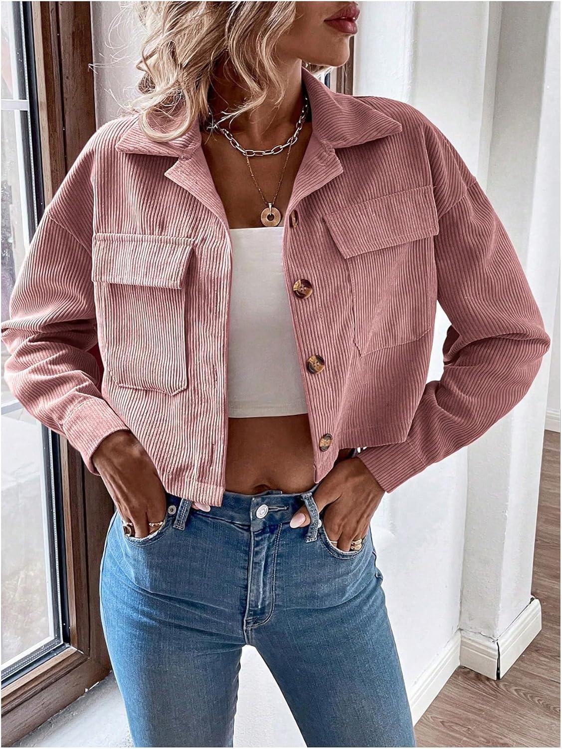 MakeMeChic Women's Button ⁣Down⁤ Corduroy Crop Jacket⁤ For Daily‌ Wear