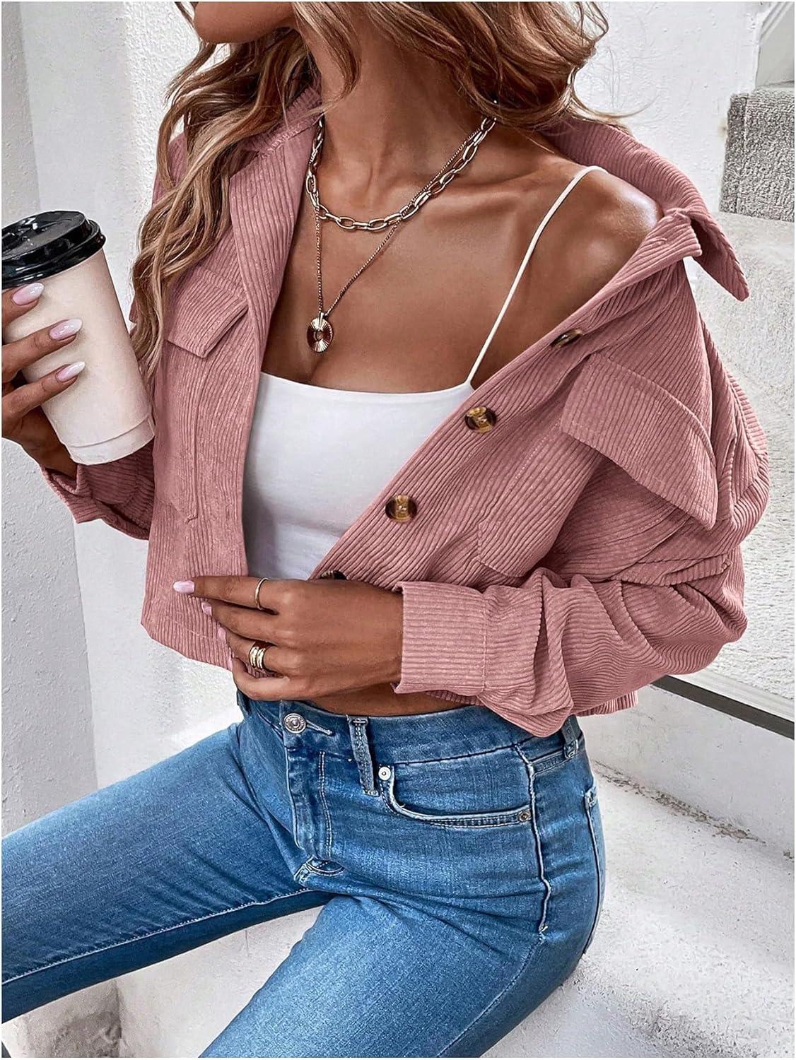 MakeMeChic ​Women's​ Button Down ‍Corduroy‍ Crop Jacket For Daily⁢ Wear