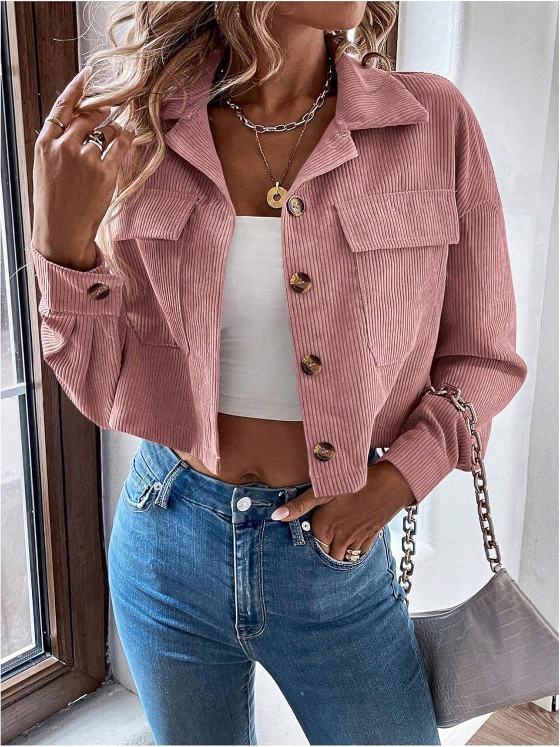 MakeMeChic Women's Button Down Corduroy Crop⁣ Jacket For⁣ Daily Wear