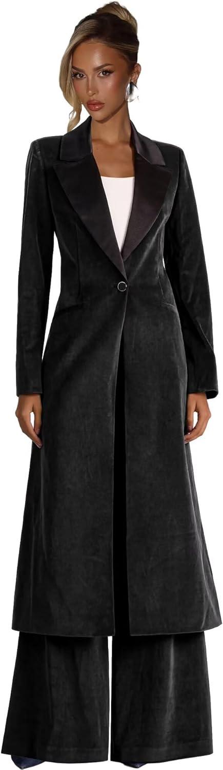 2 Piece Pant Suits For Women Velvet Blazer & Wide-Leg Pants For Work