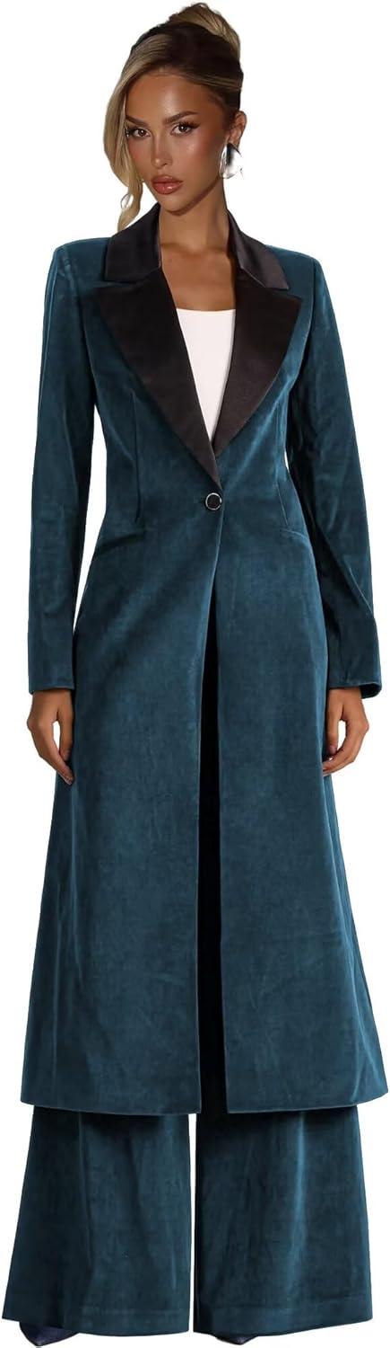 2 Piece Pant Suits For Women Velvet Blazer & Wide-Leg Pants For Work