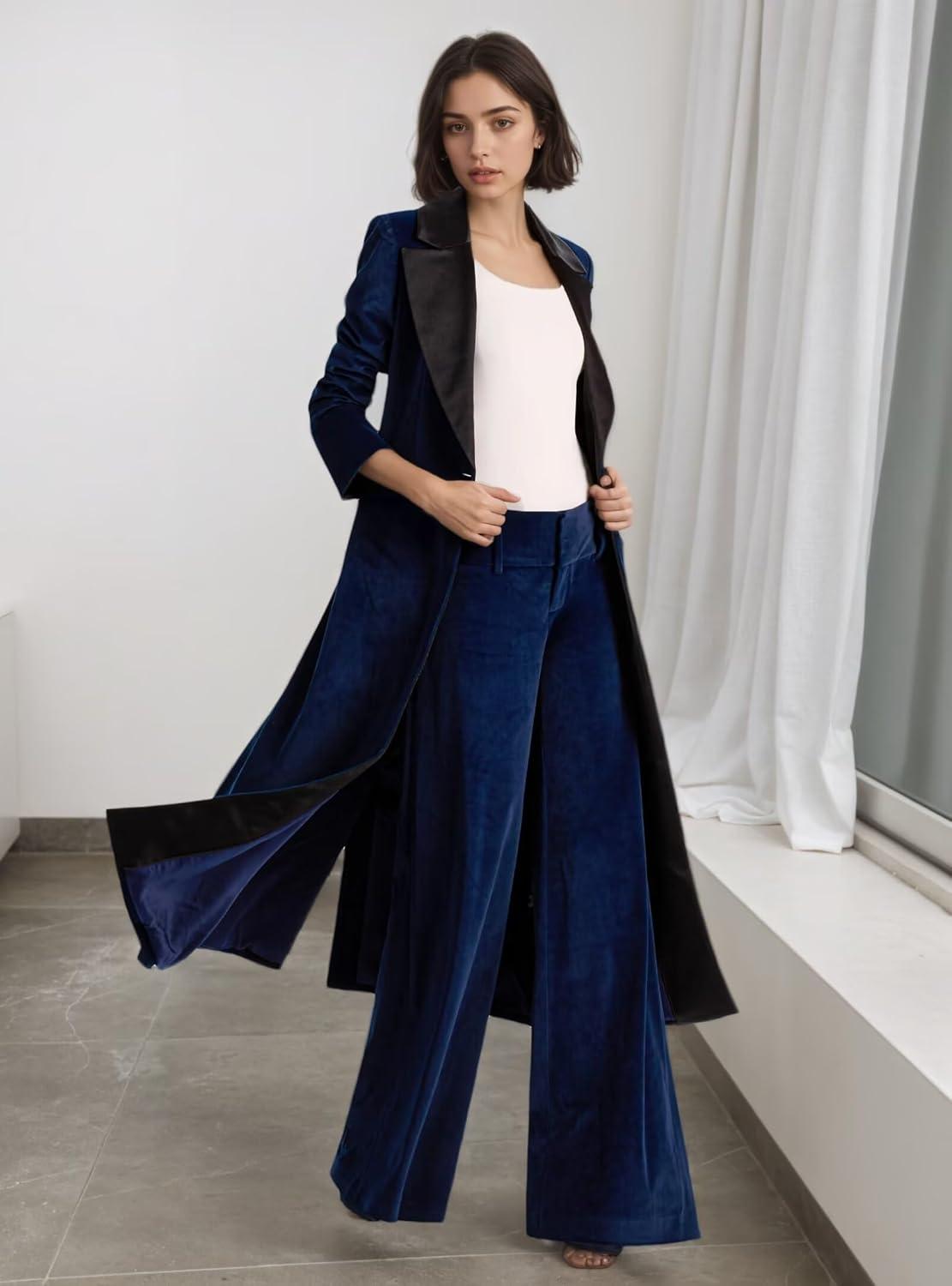 2 Piece Pant Suits For Women Velvet blazer & wide-Leg Pants for Work