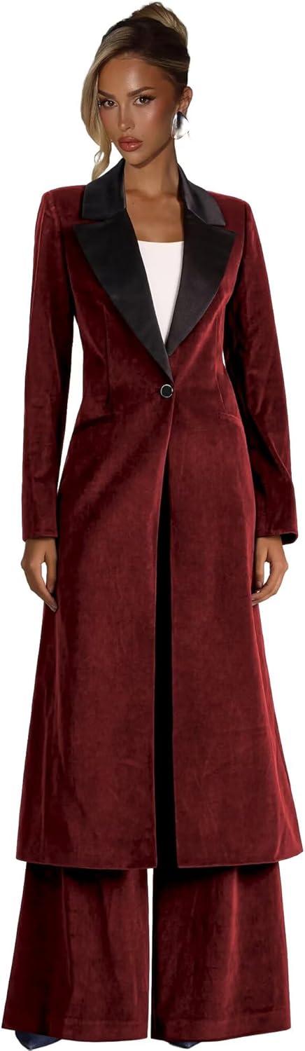 2 Piece Pant Suits For women Velvet Blazer & Wide-Leg Pants For Work