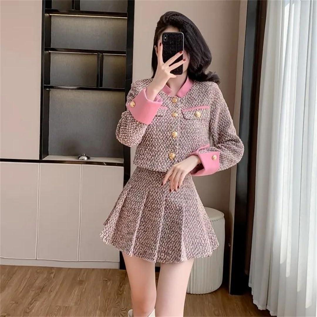 Generic Women's Spliced Woolen Suit Pleated Skirt Set on Commute