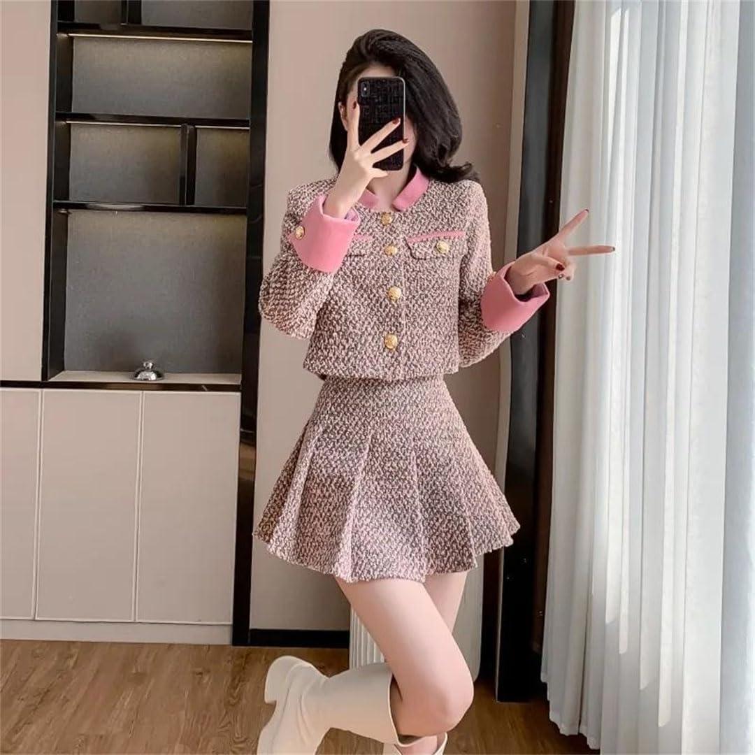 Generic Women's Spliced Woolen Suit Pleated Skirt Set on Commute