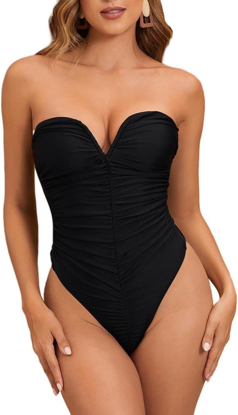 MakeMeChic Women's ⁤Strapless V Wired One-Piece For beach Days