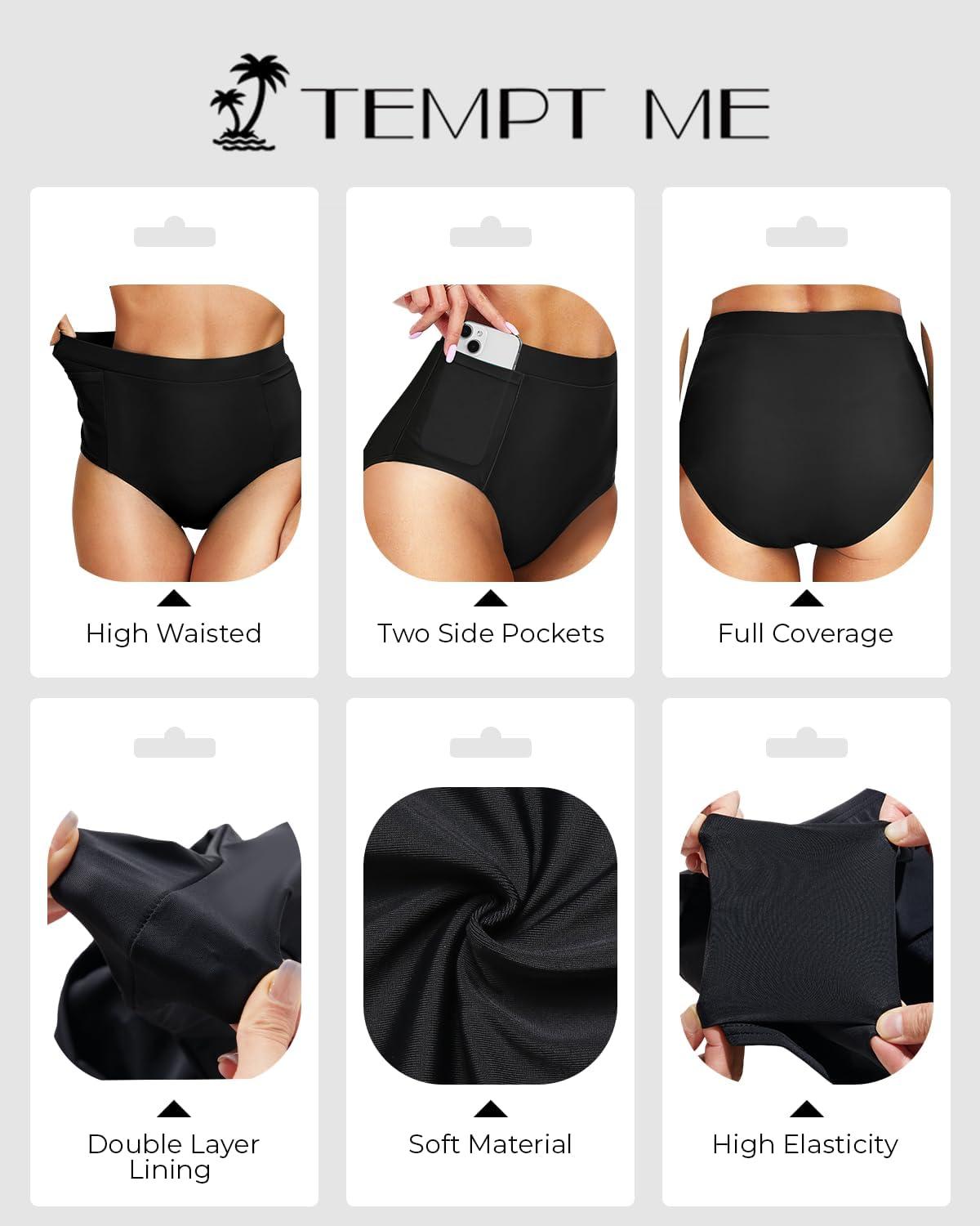 Tempt Me Women's⁤ High Waisted Bikini Bottom With Pockets ⁤For Pool Use